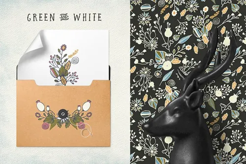 精美花卉插图Green and White Flowers