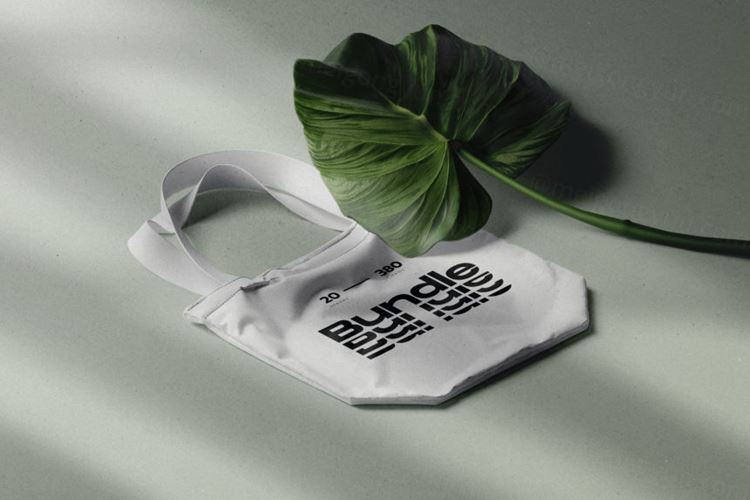 手提无纺布袋热带品牌包装设计提案样机模板 Fabric Bag Mockup With Tropic Leaf