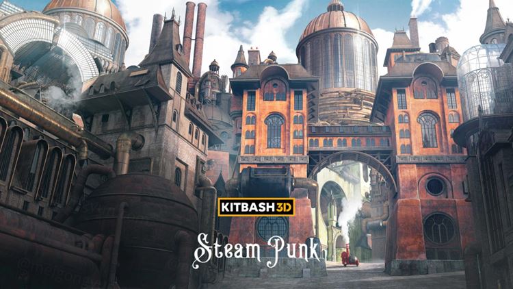 高质量复古蒸汽朋克科学幻想世界城市城堡建筑场景3D模型素材