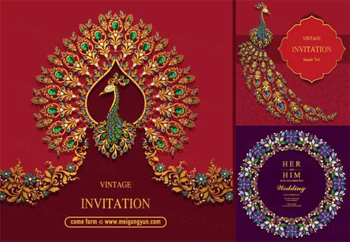 孔雀宝石图案请柬请帖矢量元素Peacock Jewel