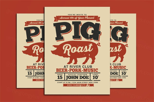 篝火烧烤晚会活动宣传创意海报传单设计模板 Pig Roast Event Flyer