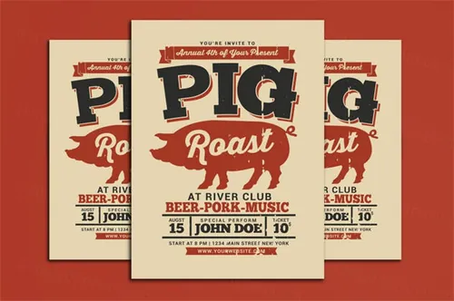 篝火烧烤晚会活动宣传创意海报传单设计模板 Pig Roast Event Flyer