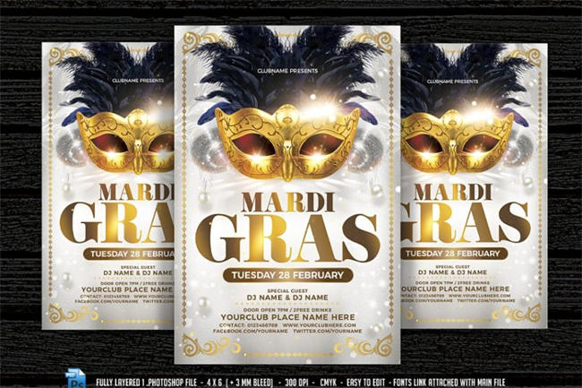 化妆舞会狂欢节传单设计 Masquerade Carnival Flyer