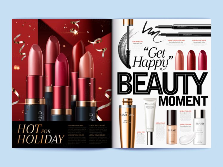 红色唇彩彩妆化妆品杂志排版页面模板