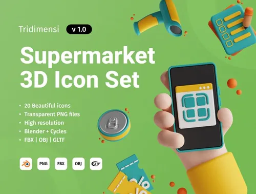 高质量三维渲染超市收银主题插画图标素材合辑 3D Super