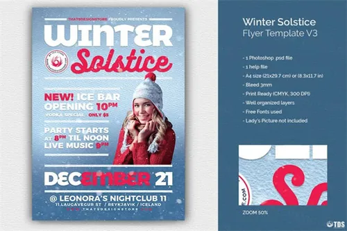 简洁的冬季海报设计PSD模板 Winter Solstice Flyer