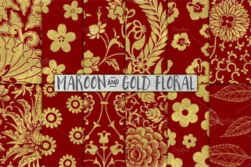 栗色和金色的碎花纸传单设计 Maroon and Gold Floral Papers