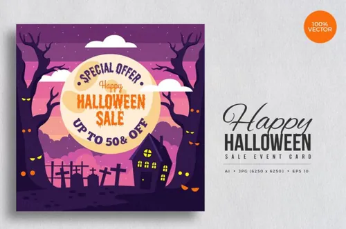 万圣节促销活动卡片设计模板素材v1 Happy Halloween Sale Vector Card