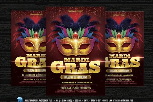 狂欢节面具化妆舞会宣传海报 Mardi Gras Carnival Flyer