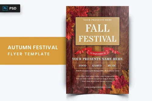 复古优雅秋季节日庆祝活动海报传单设计模板 Autumn Festival Flyer-06