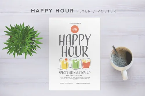 欢乐时光饮品店广告海报传单设计模板 Happy Hour Flyer