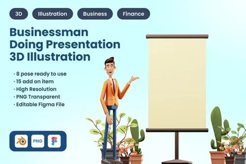 三维商务人士正在做商业报告PPT演示人物插画素材 3D Bu
