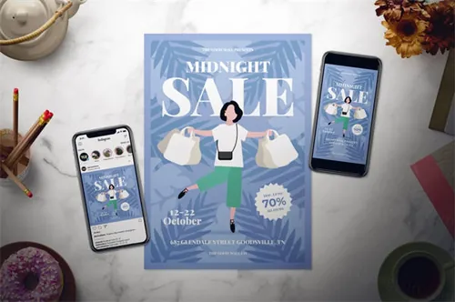 卖场午夜促销广告海报设计模板 Midnight Sale Flyer Set