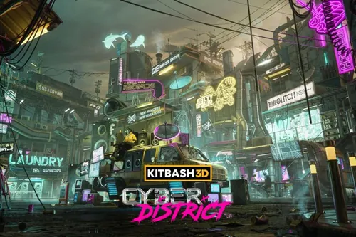未来派赛博朋克城市街头商店餐馆游戏建筑3D模型素材 KitB