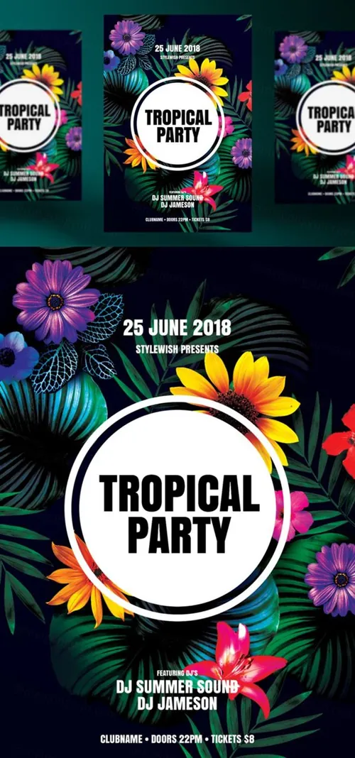 一款适合春季夏季促销活动的海报传单PSD模版 Tropical Party Flyer