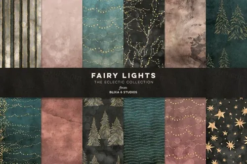 冬季仙境手绘通话版灯光闪亮树木金色雪光繁星点点图案素材 Fa