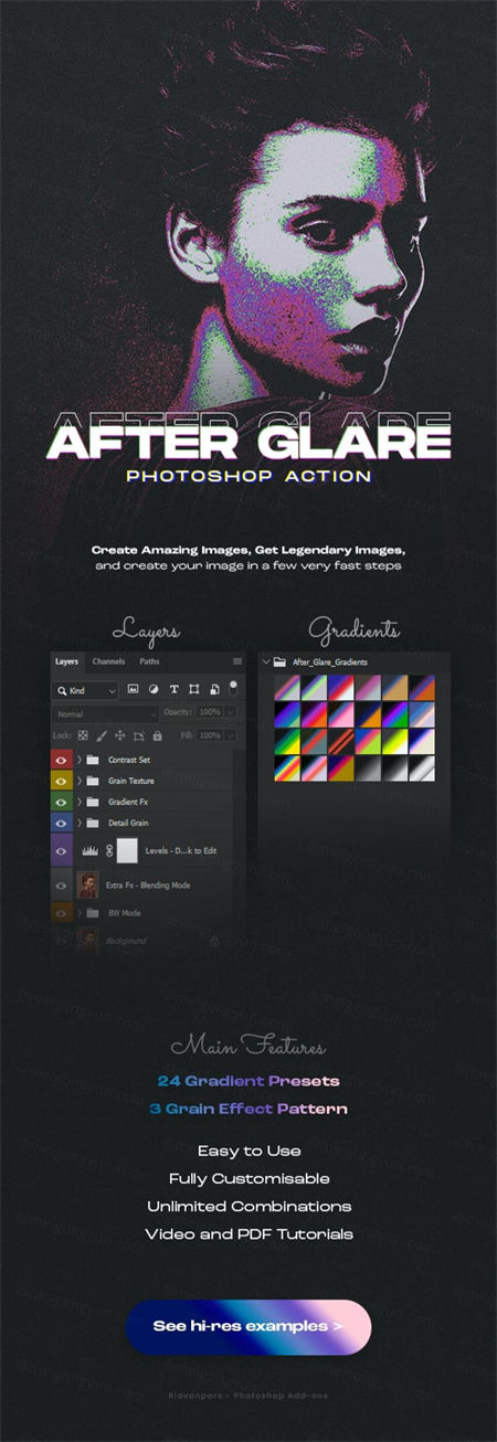 抽象赛克朋克双色调磨砂颗粒感纹理照片效果PS动作 After Glar