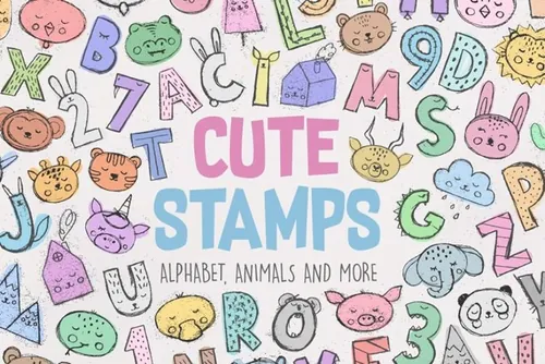 矢量手绘可爱动物字母插画素材 Cute-Stamps