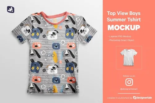 男童夏季可爱T恤品牌服饰设计提案样机PSD模板 Top view Boy\'s Summer Tshirt Mockup