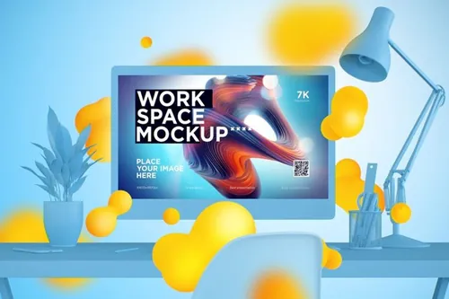 有创意的彩色 iMac 电脑样机场景creative-one-color