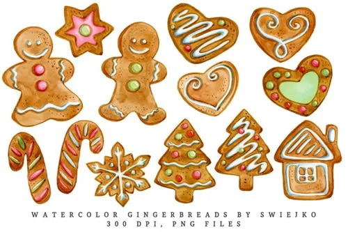 圣诞主题装饰元素水彩图案 elements-gingerbread-illustration-watercolor-clipart...