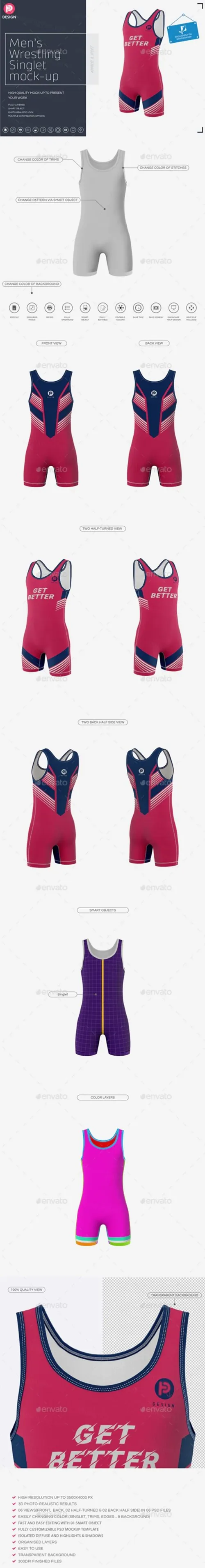 男子摔跤运动服装设计样机Singlet Mockup