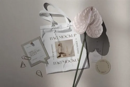 无纺布手提袋品牌包装设计提案样机模板 Branding Moodboard Fabric Bag Mockup Flower