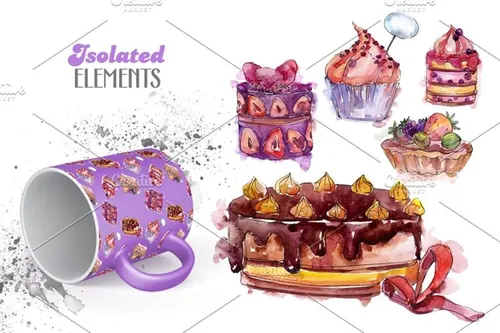 美味蛋糕紫罗兰色水彩插图