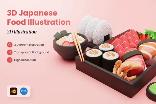 三维渲染卡通日式寿司面条饭团生鱼片主题3D插画素材 3d J