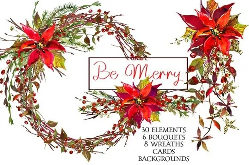 圣诞水彩花卉花圈植物设计素材 Christmas-Water