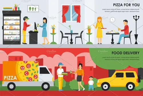 扁平化披萨元素插画 Pizzeria Flat Interi