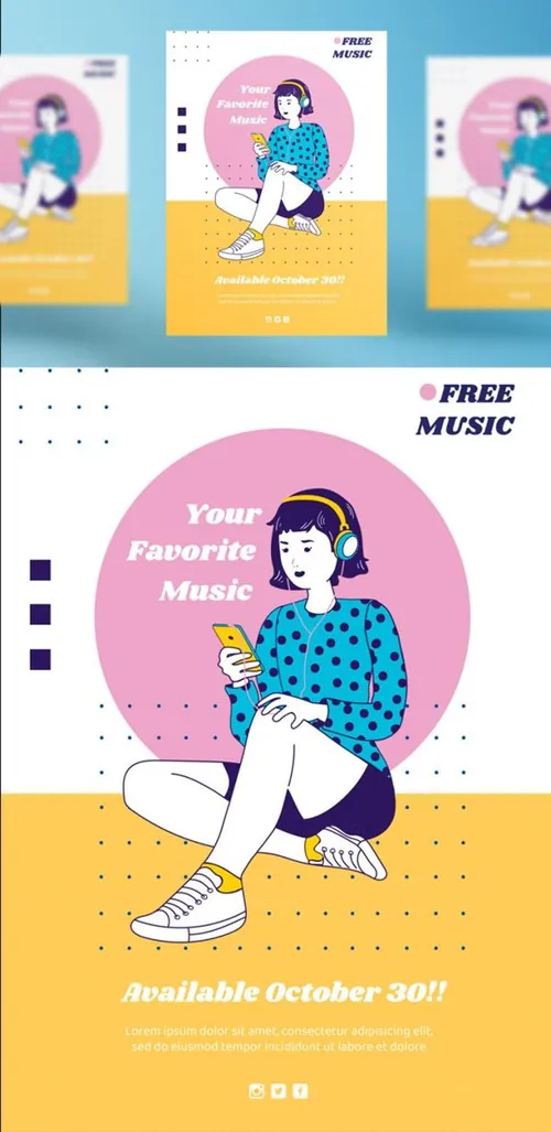 另类小清新轻音乐女性插画宣传海报PSD模板 Music concept post template