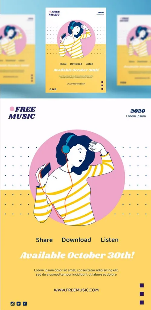 另类小清新轻音乐女性插画宣传海报PSD模板 Music concept post template