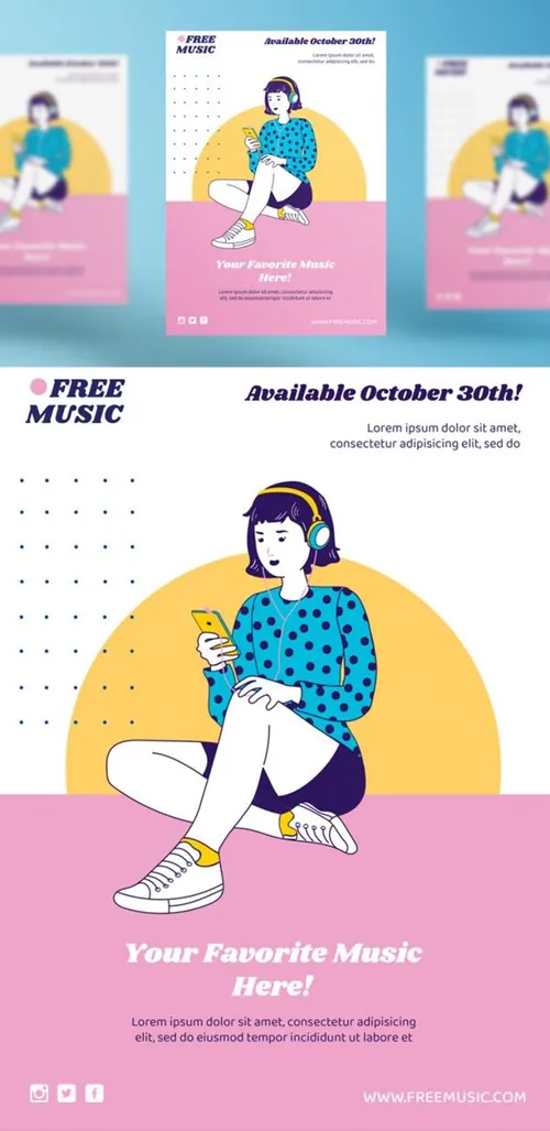 另类小清新轻音乐女性插画宣传海报PSD模板 Music concept post template