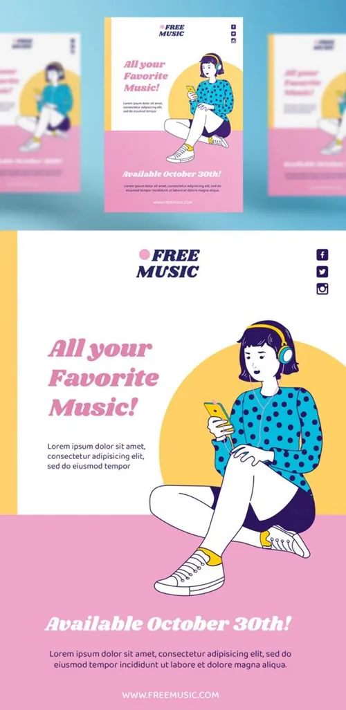 另类小清新轻音乐女性插画宣传海报PSD模板 Music concept post template