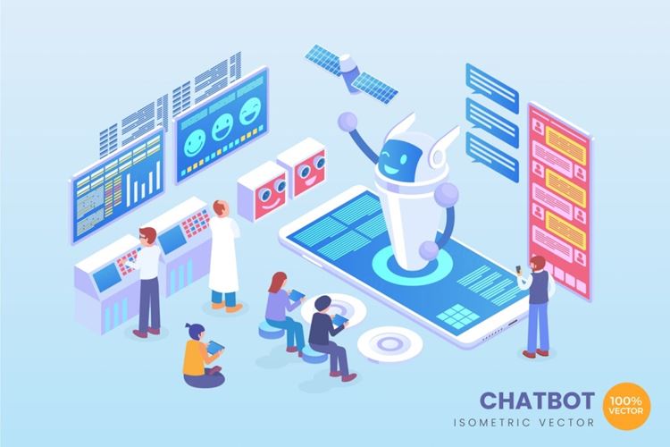 3D立体时尚高端流行风格的2.5D等轴等距高科技插画isometric chatbot