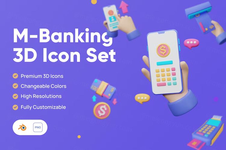 三维渲染移动银行在线快捷支付主题卡通3D插画素材 M-Ban