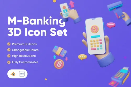 三维渲染移动银行在线快捷支付主题卡通3D插画素材 M-Ban