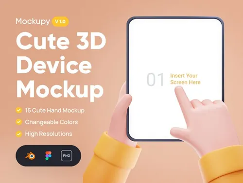 可爱的卡通手势操作手机ipad笔记本贴图样机模板素材 Moc