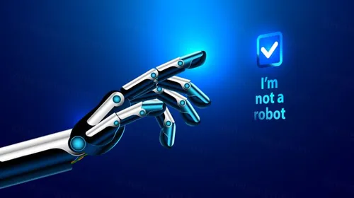 未来3D立体科技机械手臂镀铬指尖触摸屏按钮蓝色背景EPS矢量插画