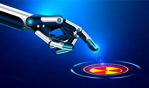 未来3D立体科技机械手臂镀铬指尖触摸屏危险图标按钮蓝色背景EPS矢量插画