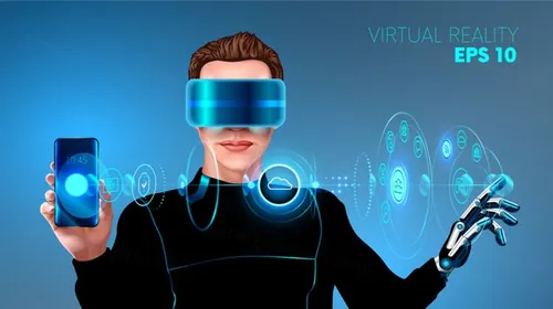 穿网络安全服的年轻男人戴着AR眼镜触控全息界面未来概念插画素材