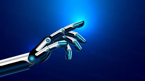 未来3D立体科技机械手臂镀铬指尖触摸屏蓝色背景插画