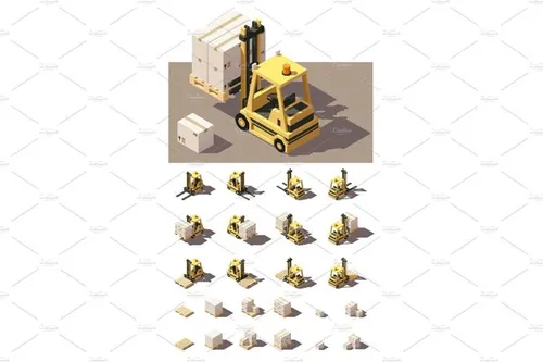 矢量等距装货车插图素材Vector isometric forklift with crates and pallets icon set