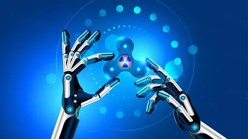 机器人手持旋转减压玩具未来蓝色背景概念插画素材