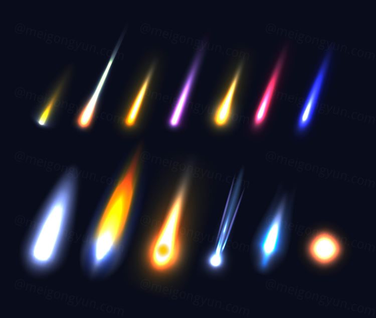 逼真的坠落的流星陨石彗星 发光的小行星 飞行的火球游戏矢量装饰元素