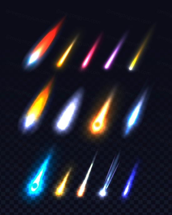 逼真的坠落的流星陨石彗星 发光的小行星 飞行的火球游戏矢量装饰元素