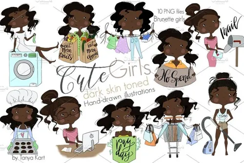 卡通可爱的女孩插画 Cute Girls Dark Skin Tone Clipart