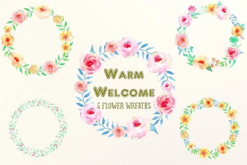 水彩花卉花圈插画 Watercolor Wreath Warm Welcome