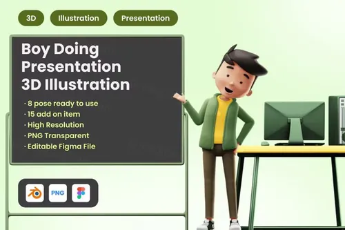 三维渲染卡通男孩做工作学习报告PPT演示人物插画素材 3D